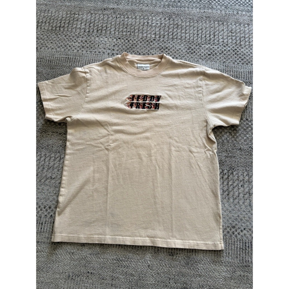 Teddy Fresh Flame Logo Tan Crewneck T-shirt Thick Cotton Y2K Skate Streetwear